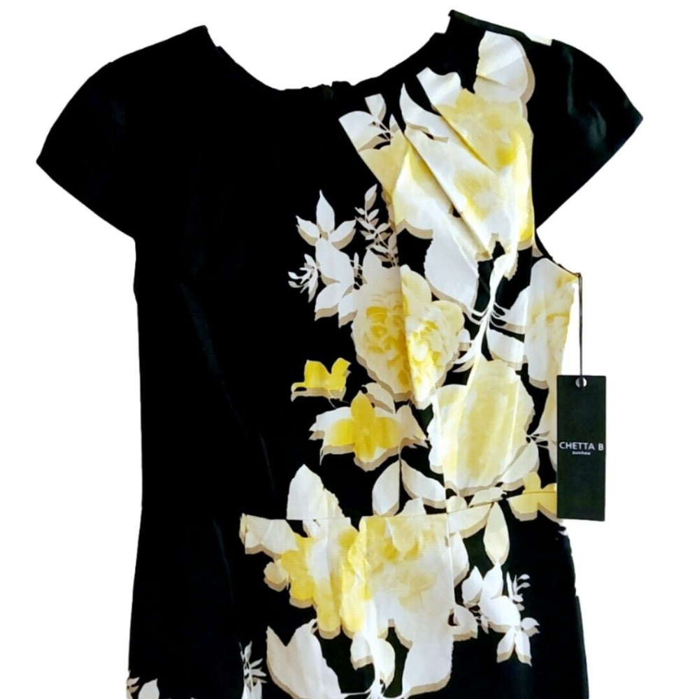 Beautiful Chetta B Black Yellow Floral Cap Sleeve Sheath Dress Size 6 NWT - Picture 2 of 7